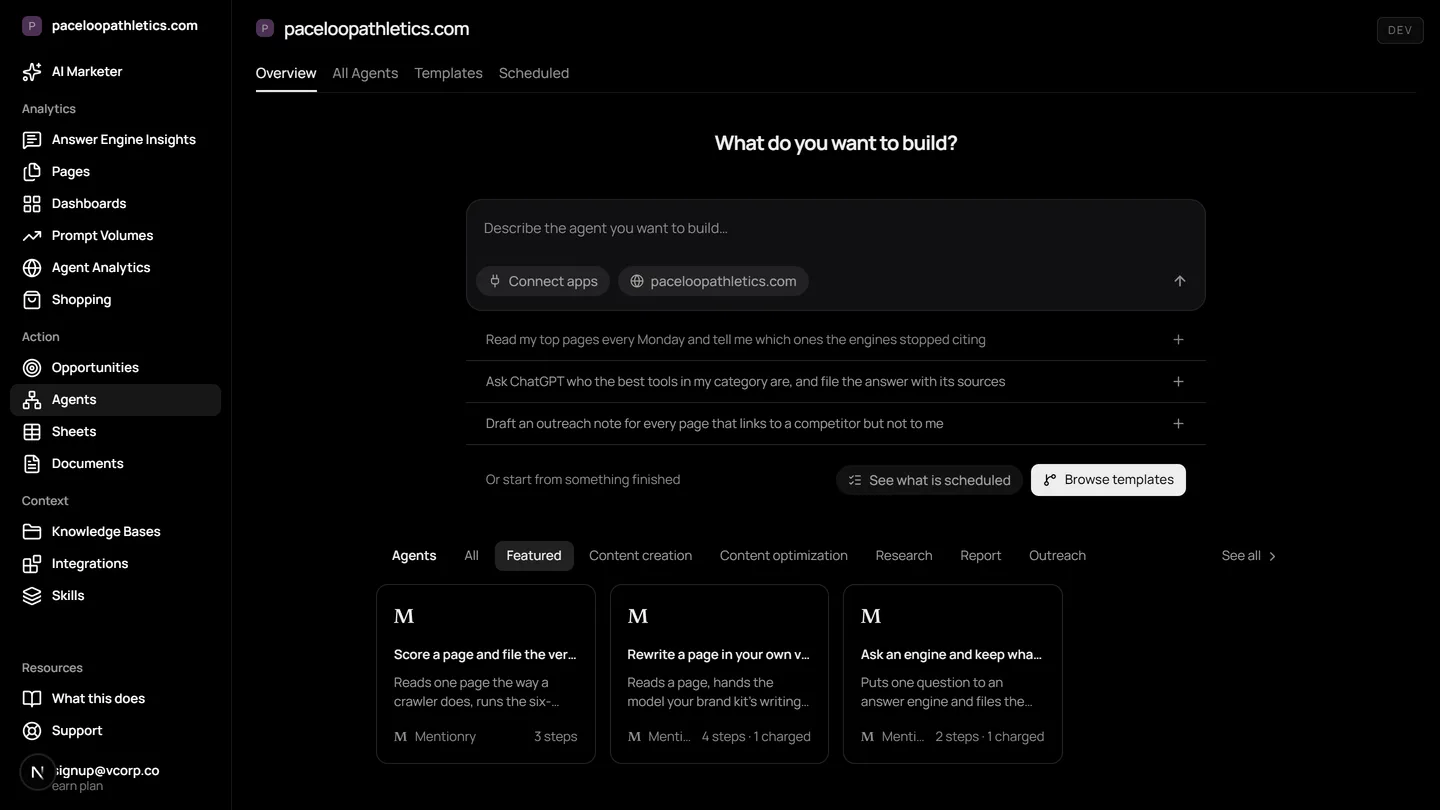 The Agents screen in Mentionry